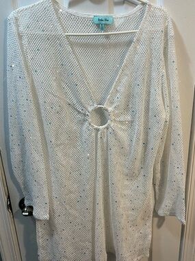 Aruba Blue White Mesh Swim Coverup with Sequins & Ring Detail Size M